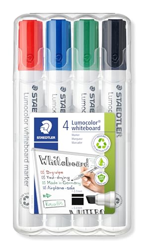 STAEDTLER Whiteboard Marker Lumocolor, trocken und rückstandsfrei abwischbar, Keilspitze ca. 2 oder 5 mm, hohe Qualität Made in Germany, Set mit 4 Farben, 351 B WP4 im Sale